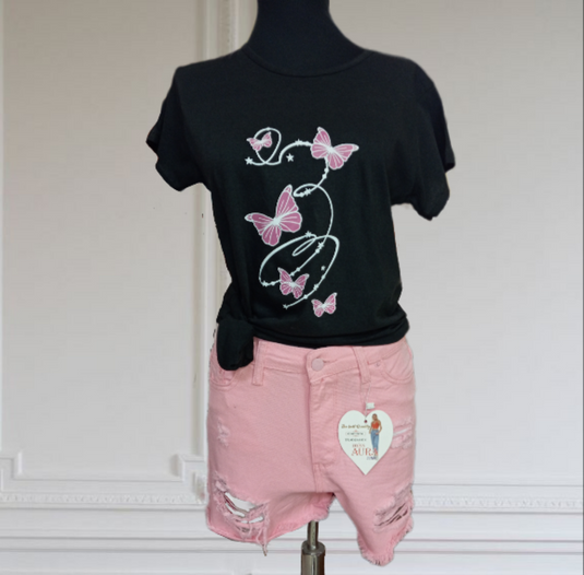 Черна тениска с пеперуди