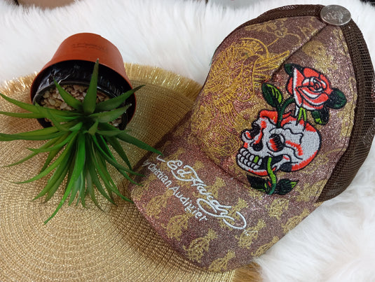 Кафява шапка с козирка Ed Hardy череп с роза